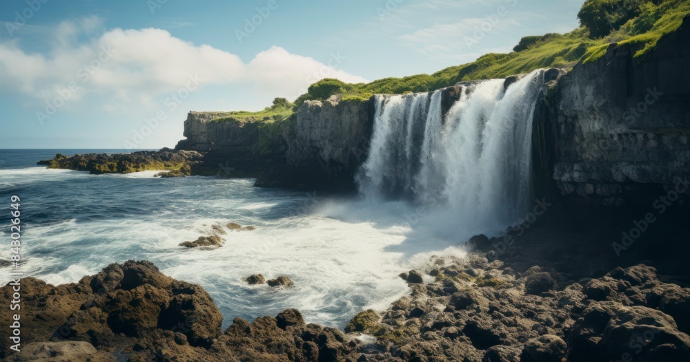 Panoramic view of waterfall on a high cliff overlooking the ocean Panoramic view of waterfall on a high cliff overlooking the ocean