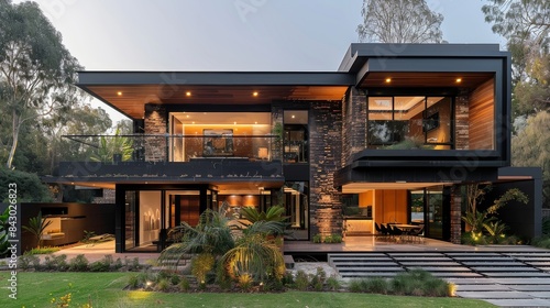Captivating modern house with distinct architecture and evening lighting enhances the luxurious feel