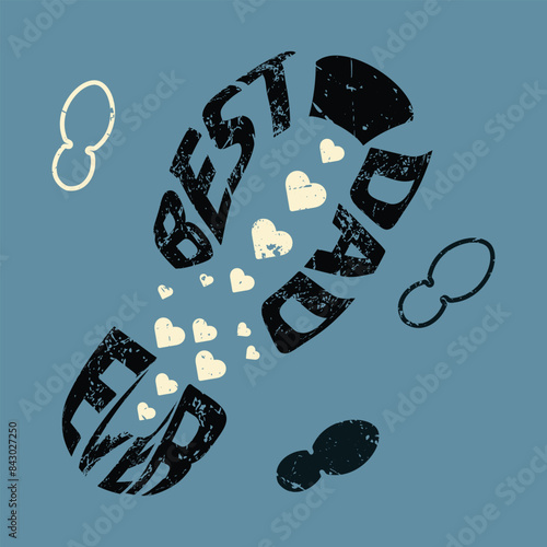 Footprint of man with hearts inside, also surrounded by kids footprints, with text Best Father Ever. Fathers day. Vector illustration in flat style