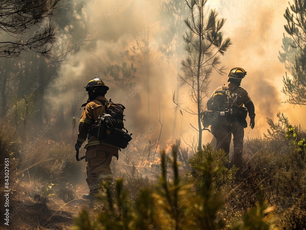Two firefighters in full gear combat a wildfire in a dense forest, surrounded by smoke and flames. The scene captures the intensity and bravery of wildfire response efforts Two firefighters in full gear combat a wildfire in a dense forest, surrounded by smoke and flames. The scene captures the intensity and bravery of wildfire response efforts