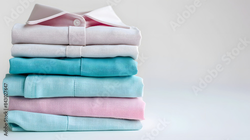 A stack of neatly folded dress shirts in pastel colors, including white, blue, and pink, against a plain background, symbolizing organization, cleanliness, and fashion, banner with copy space photo