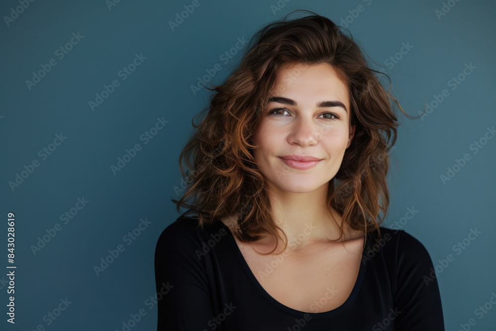 A close up portrait of a young woman with a subtle smile A close up portrait of a young woman with a subtle smile