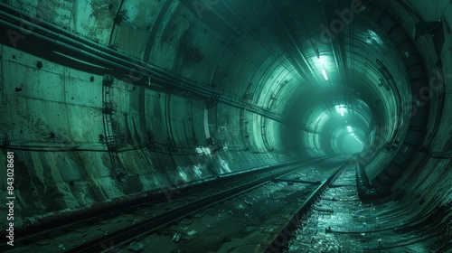A tunnel with a greenish tint and a dark atmosphere