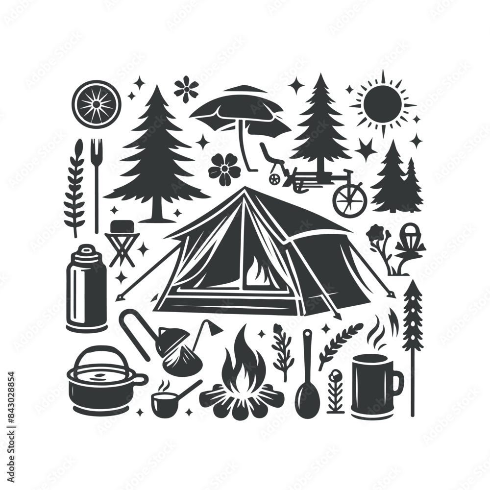 Naklejka premium Camping silhouette or Summer camp Clip art isolated vector illustration on a white background