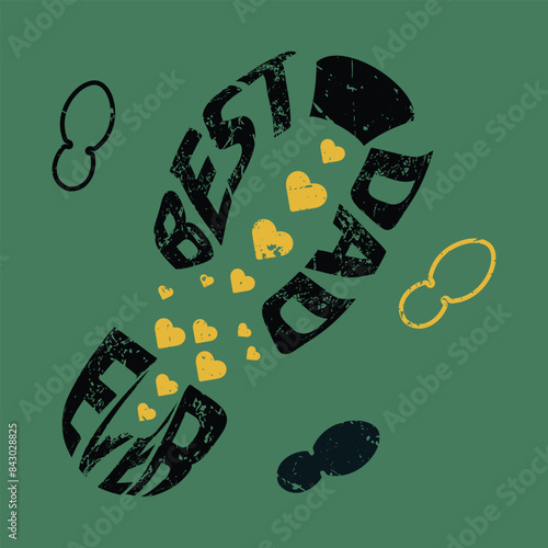 Footprint of man with hearts inside, also surrounded by kids footprints, with text Best Father Ever. Fathers day. Vector illustration in flat style