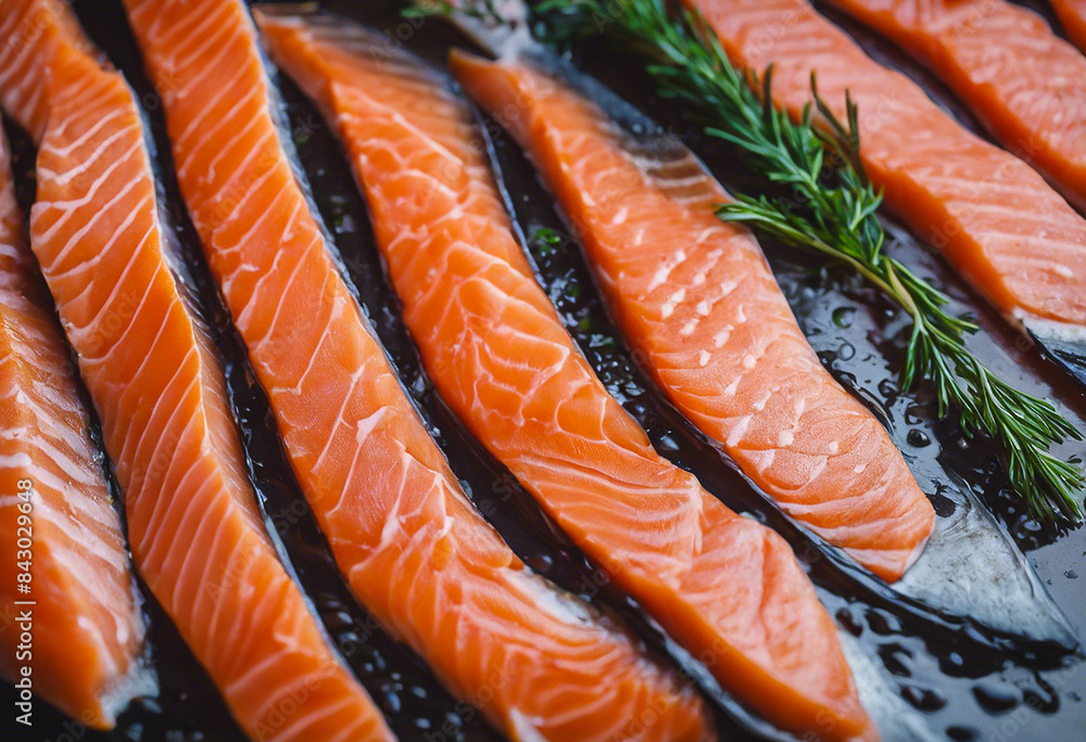 Close-up with many pieces of raw salmon fillet Close-up with many pieces of raw salmon fillet