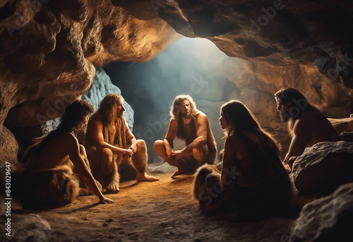 Neanderthal prehistoric people in the cave