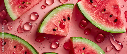 Summer fruits background banner panorama - close up of juicy slices of watermelon with water splashes and water drops isolated on pink background - food photography