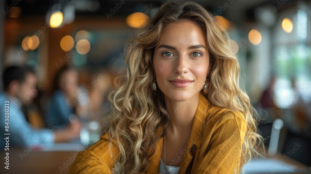 Warmly lit photo capturing a young woman's confident gaze, enhanced by her bright yellow attire contrasting with the soft background Warmly lit photo capturing a young woman's confident gaze, enhanced by her bright yellow attire contrasting with the soft background