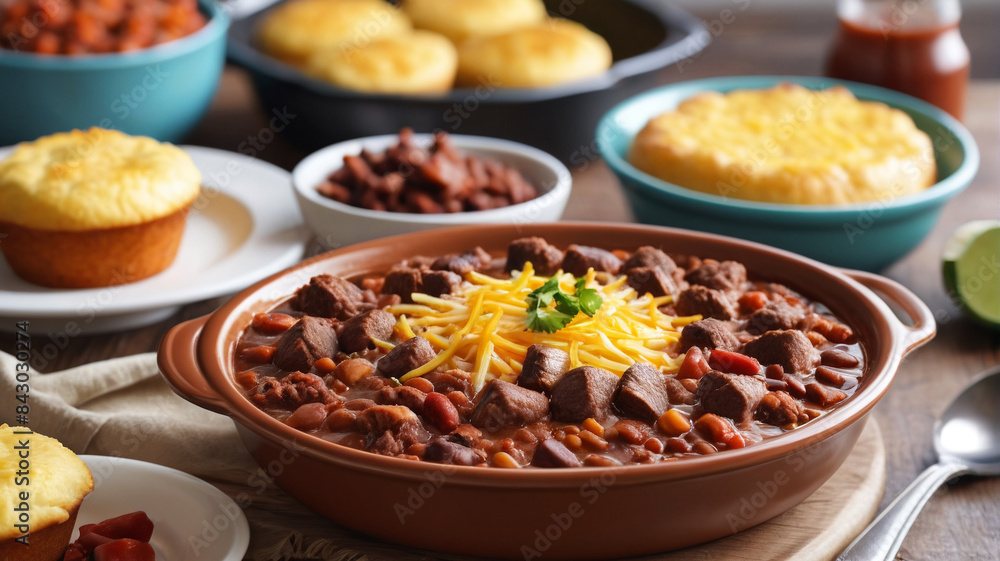 Texan Morning Comfort: Warming Up with a Bowl of Brisket Chili, Cornbread Muffins, and Texas Breakfast Casserole, Generative AI Texan Morning Comfort: Warming Up with a Bowl of Brisket Chili, Cornbread Muffins, and Texas Breakfast Casserole, Generative AI