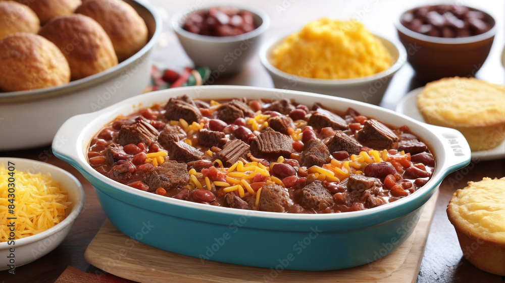 Texan Morning Comfort: Warming Up with a Bowl of Brisket Chili, Cornbread Muffins, and Texas Breakfast Casserole, Generative AI Texan Morning Comfort: Warming Up with a Bowl of Brisket Chili, Cornbread Muffins, and Texas Breakfast Casserole, Generative AI