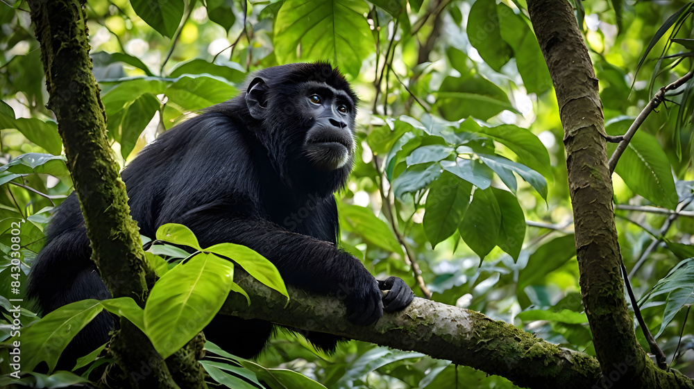 A serene scene of a howler monkey (mono saraguato) resting in a tree deep within a lush jungle. The howler monkey, with its distinctive dark fur and expressive face, is comfortably lounging on a sturd A serene scene of a howler monkey (mono saraguato) resting in a tree deep within a lush jungle. The howler monkey, with its distinctive dark fur and expressive face, is comfortably lounging on a sturd
