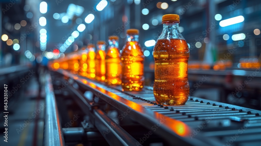 The image depicts a series of plastic bottles filled with a brown liquid on a conveyor belt in an industrial setting The image depicts a series of plastic bottles filled with a brown liquid on a conveyor belt in an industrial setting