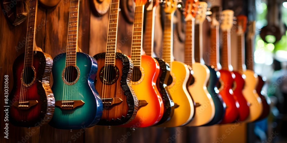 Naklejka premium Assorted guitars hanging on store walls with blurred background for sale. Concept Musical Instruments, Guitar Store, Music Gear, Retail Display