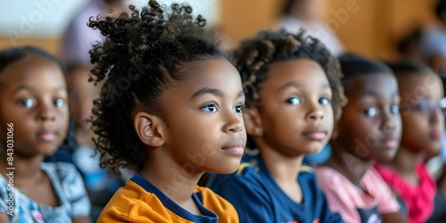 AfroAmerican children listening attentively to civil rights lecture at Black History event. Concept Black History Events, Civil Rights Education, African American Youth, Attentive Audience