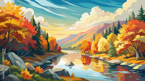 Tranquil Autumn River Scene with Colorful Foliage and Mountains