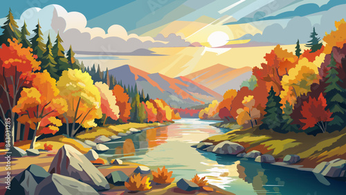 Autumnal Bliss: Serene River Landscape with Golden Foliage