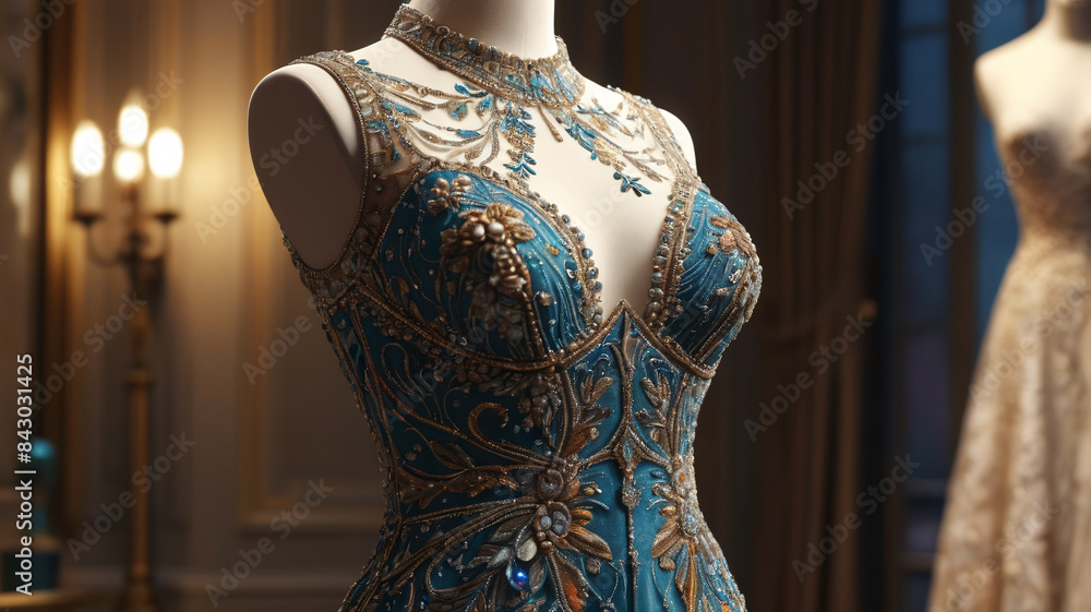 Obraz premium Capturing opulence, the stunning evening dress gracefully adorns the mannequin, sparkling with intricate beadwork, Generative AI