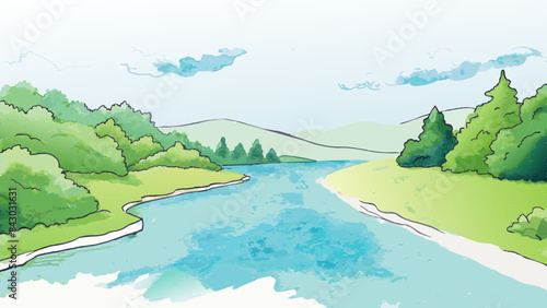 Serene Watercolor Landscape with River and Lush Greenery