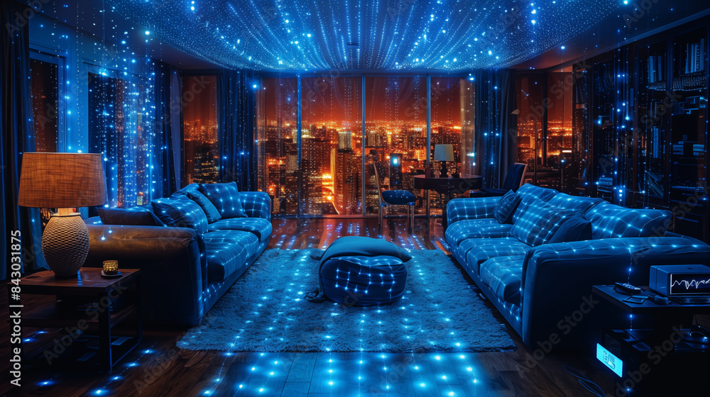 Futuristic luxury modern living room with glowing lights and skyline ...