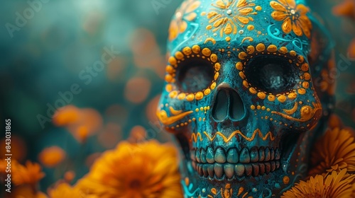 A vivid blue skull decorated with yellow marigolds presents a bold display of Dia de los Muertos cultural heritage and tradition