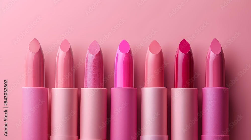 A collection of pink lipsticks, arranged in a horizontal row, vibrant and varied shades, isolated on pink, high realism, ideal for skincare ads A collection of pink lipsticks, arranged in a horizontal row, vibrant and varied shades, isolated on pink, high realism, ideal for skincare ads