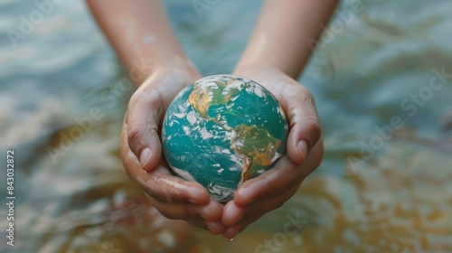 A globe carefully cupped in hands, World Water Day promotion, light minimalist background, serene and clean-- style raw