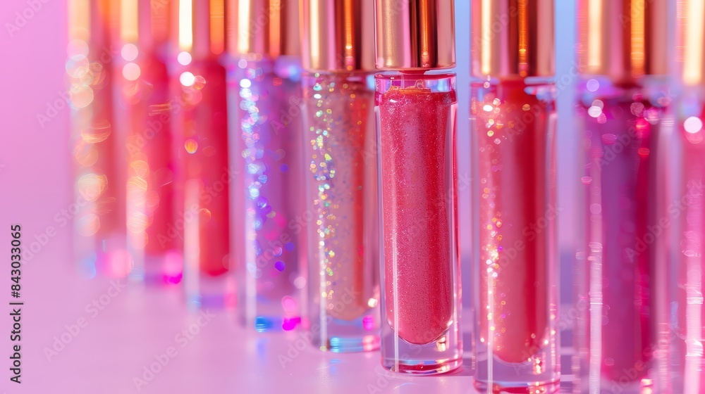 A row of luxurious lip glosses in diverse colors, meticulously arranged on a light background, showcasing elegance and sophistication A row of luxurious lip glosses in diverse colors, meticulously arranged on a light background, showcasing elegance and sophistication
