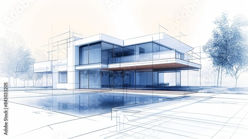 Abstract architectural blueprint of a contemporary house, merging realistic building models with wireframe line structures © JP STUDIO LAB