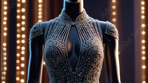 Illuminated by gentle lighting, the luxurious evening dress on the mannequin sparkles with delicate crystals, Generative AI © 4K_Heaven
