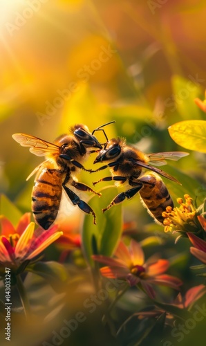 Bees collecting nectar from flowers. AI.