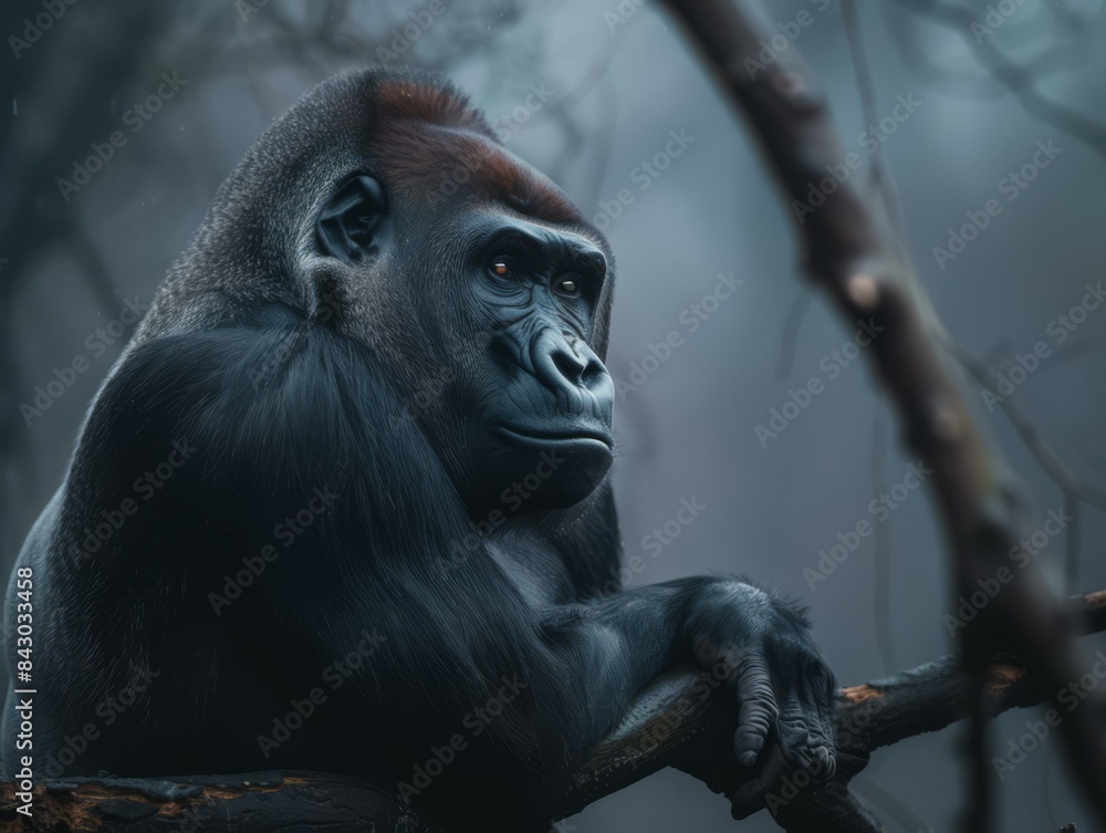 Obraz premium A gorilla sits on a tree branch in the jungle, looking out at the world with its piercing red eyes. AI.