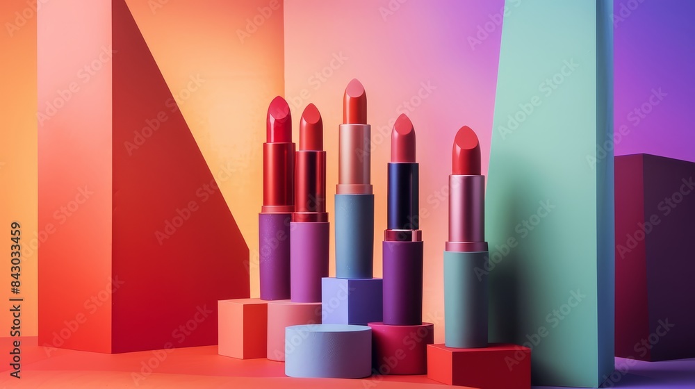 Artistic arrangement of lipsticks in unique colors, isolated on a sleek, neutral background Artistic arrangement of lipsticks in unique colors, isolated on a sleek, neutral background