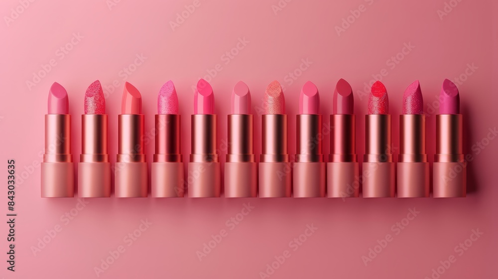 Assortment of pink lipstick shades, displayed horizontally on a pink backdrop, highly detailed and photorealistic, perfect for beauty content Assortment of pink lipstick shades, displayed horizontally on a pink backdrop, highly detailed and photorealistic, perfect for beauty content