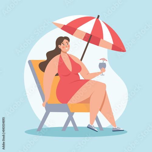 Summer holidays time. Happy woman on a chaise longue with a cocktail. Beach vacation, tourism and relax. Concept illustration. Vector