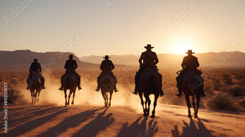 As the sun sets over the vast desert, a posse of lawmen tracks down outlaws, embodying justice in the Wild West, Generative AI