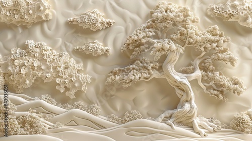 Fototapeta Naklejka Na Ścianę i Meble -  Beautiful Chinese landscape 3d relief wallpaper. Mural wallpaper. Wall art. AI generated illustration.