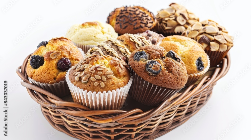 Assortment of muffins in a basket on a white background, illuminated by studio lighting. Assortment of muffins in a basket on a white background, illuminated by studio lighting.