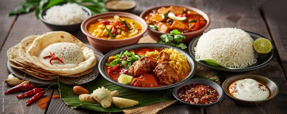 Assortment of vivid and fragrant Southeast Asian curries accompanied by rice and roti for dipping, isolated on a plain background, captured in a studio setting. Assortment of vivid and fragrant Southeast Asian curries accompanied by rice and roti for dipping, isolated on a plain background, captured in a studio setting.