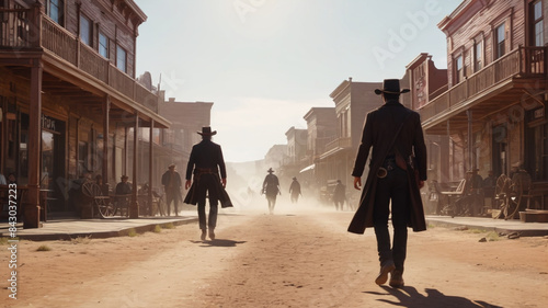 The dusty main street comes alive with a tense duel at high noon, showcasing the iconic bravery of the Wild West, Generative AI