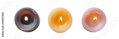 Set of Burning candles top view isolated on a transparent background