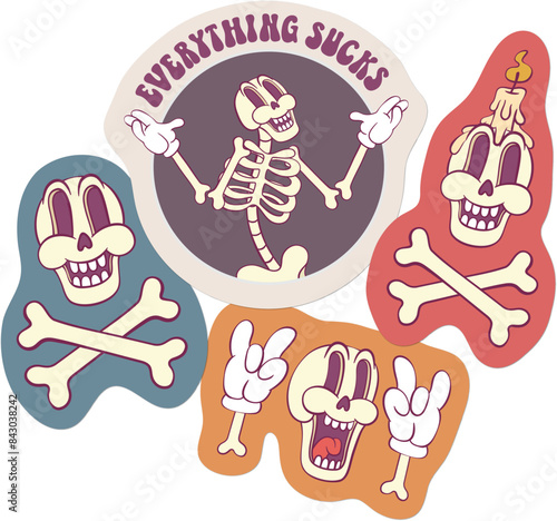 Retro groovy skeleton cartoon character