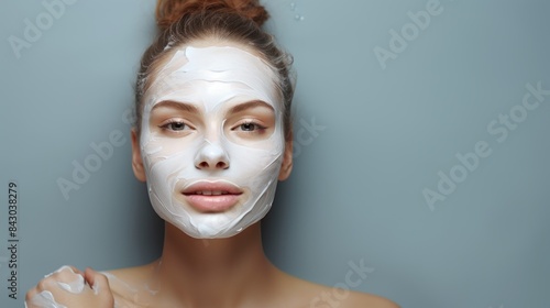 Beautiful Woman With a Facial Mask on Her Face with Copy Space. Young woman with clay mask on her face. Beautiful Caucasian female with cosmetic Facial Mask, copy space.