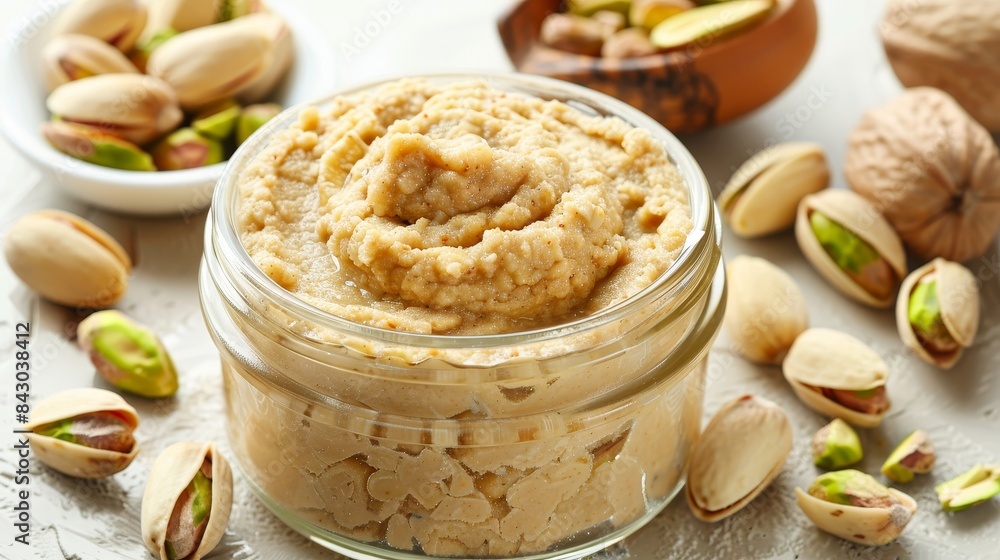 Creamy nut paste jar with dip and whole pistachios isolated on white for snack advertising, high-key lighting Creamy nut paste jar with dip and whole pistachios isolated on white for snack advertising, high-key lighting