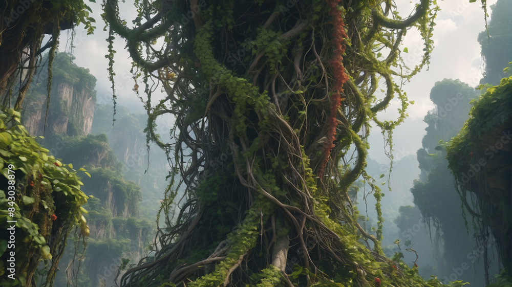 Fototapeta premium Towering above, the monstrous vines twist and writhe, their thorny tendrils seeking out unsuspecting victims, Generative AI