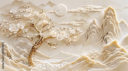 3d Chinese landscape Wallpaper Background golden art for digital printing wallpaper, mural, custom design wallpaper. AI generated illustration