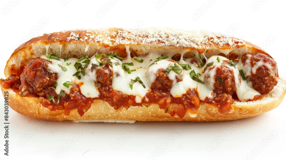 HD close-up of garlic beef meatball sub, marinara, melted mozzarella, white background HD close-up of garlic beef meatball sub, marinara, melted mozzarella, white background