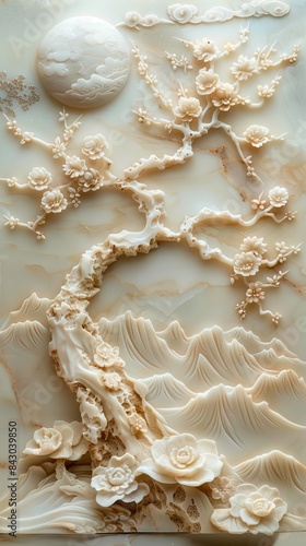 3d Chinese landscape Wallpaper Background golden art for digital printing wallpaper, mural, custom design wallpaper. AI generated illustration