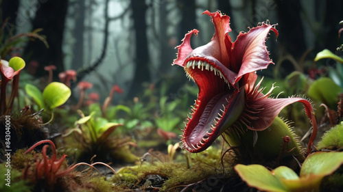 In the shadowy forest, the carnivorous plants snap and snarl, their jaws dripping with the remains of unfortunate creatures, Generative AI