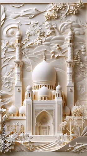 Beautiful mosque 3d relief wallpaper. Mural wallpaper. Wall art. AI generated illustration.